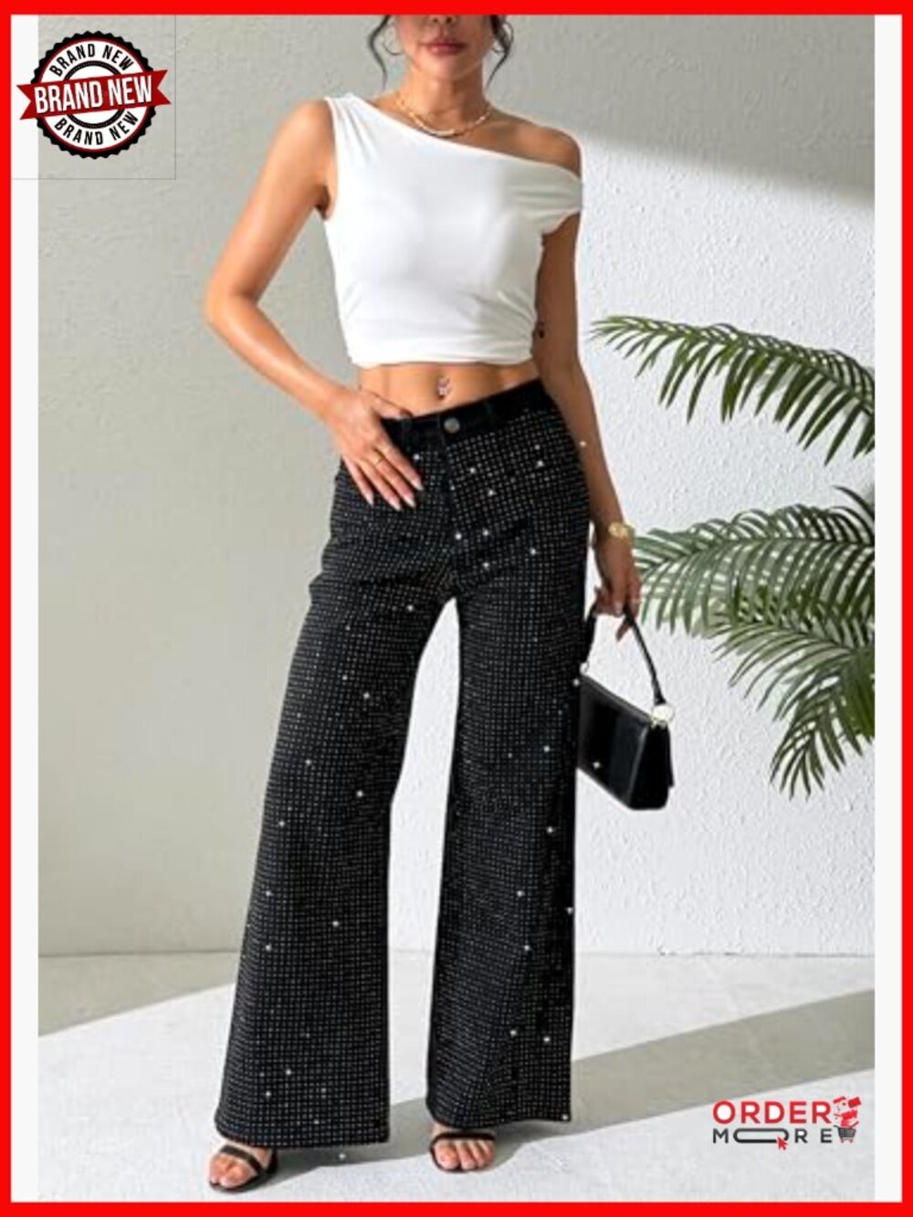 High Waist Wide Leg Rhinestone Jeans Stretch Denim Pants Sparkle Sequin - Picture 2 of 7